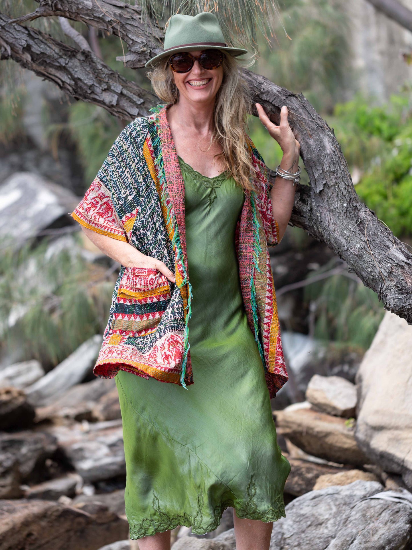 Marilyn Silk Satin Slip Maxi with embroidery olive