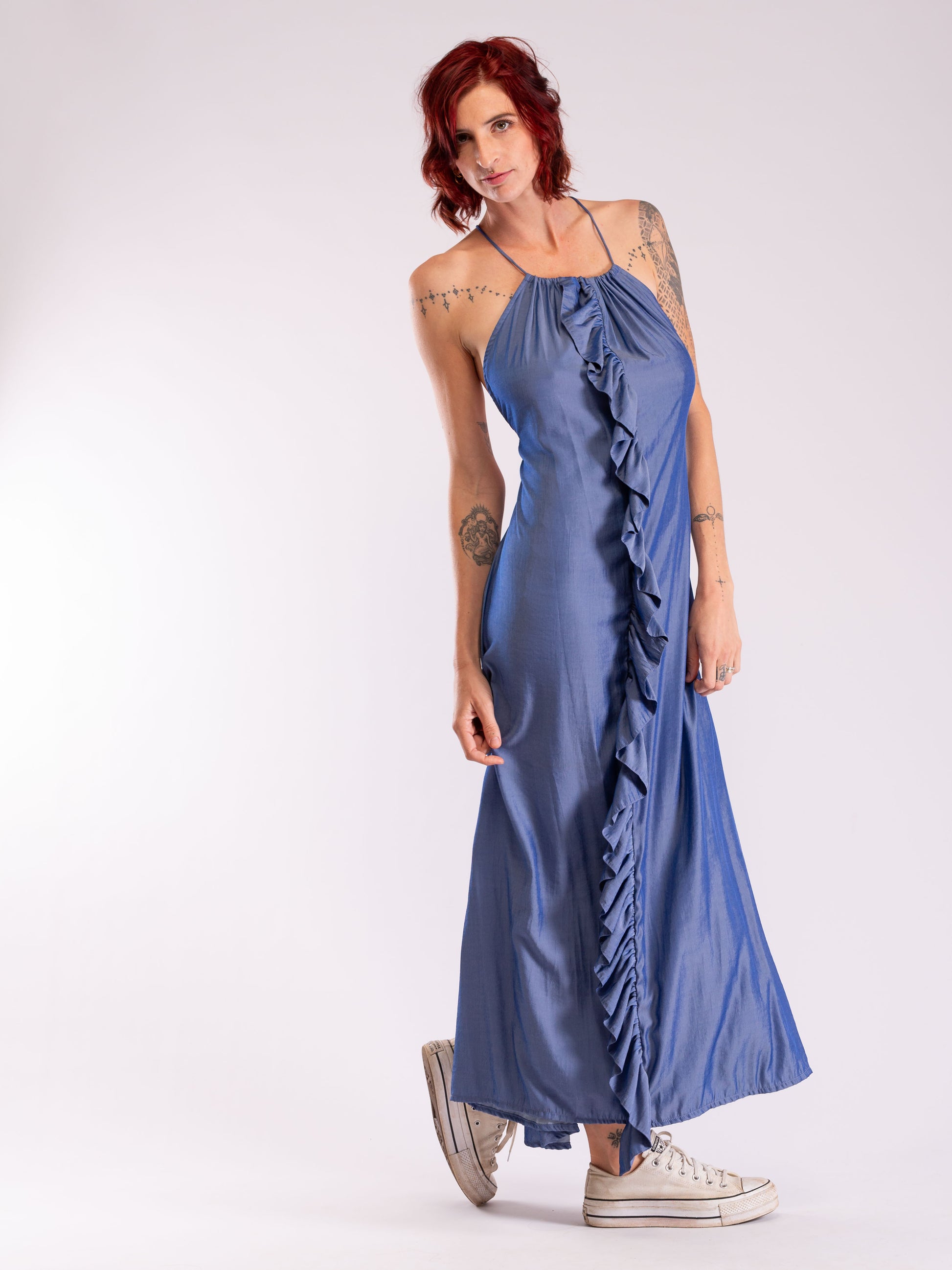 open back frill dress Solid Satin Backless Frill Maxi Dress Violet Aurora