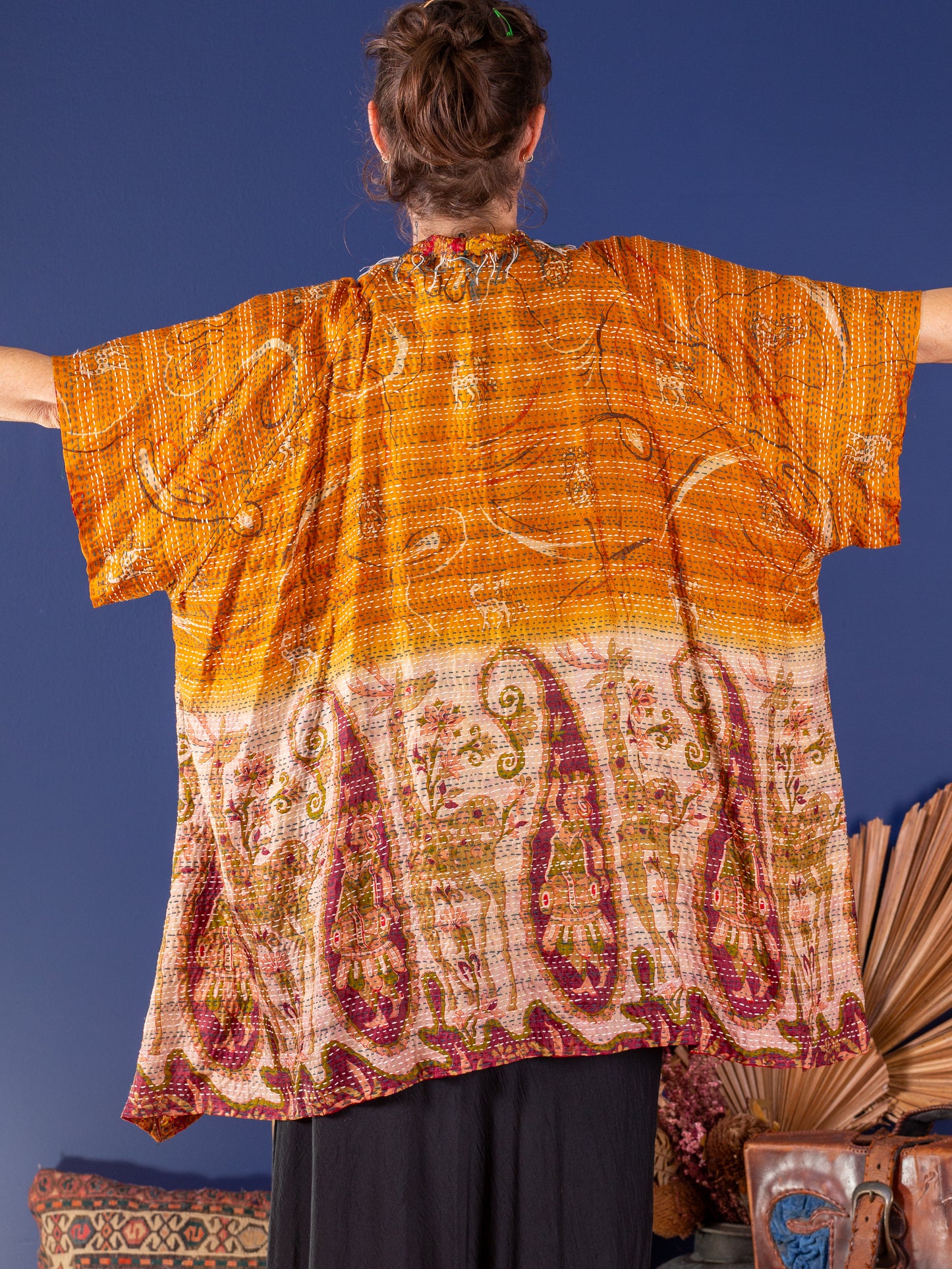 Kimono - silk reversible featuring hand stitching and pockets - Flidais