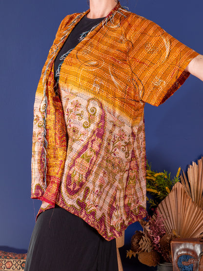 Kimono - silk reversible featuring hand stitching and pockets - Flidais