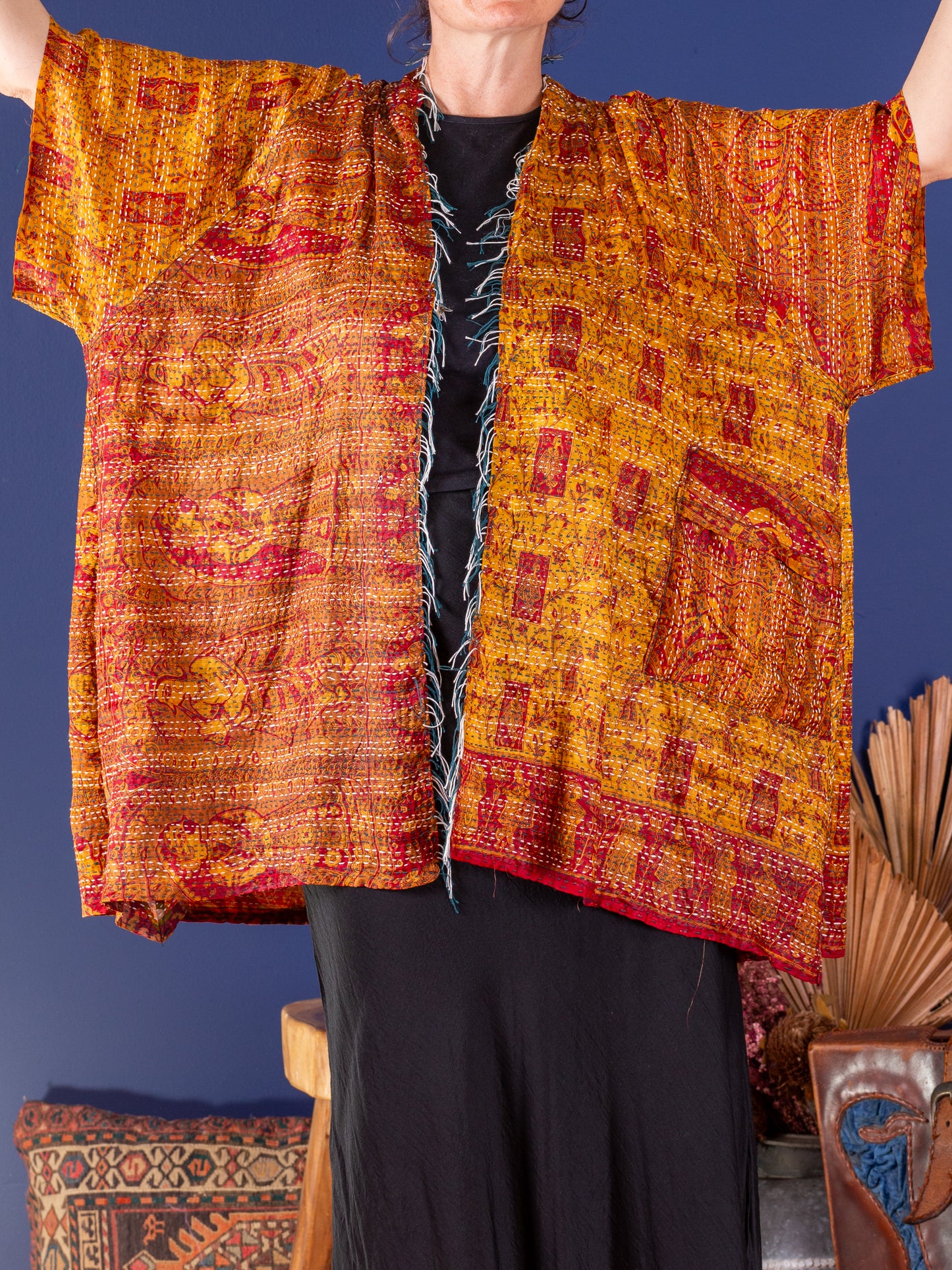 Kimono - silk reversible featuring hand stitching and pockets - Flidais