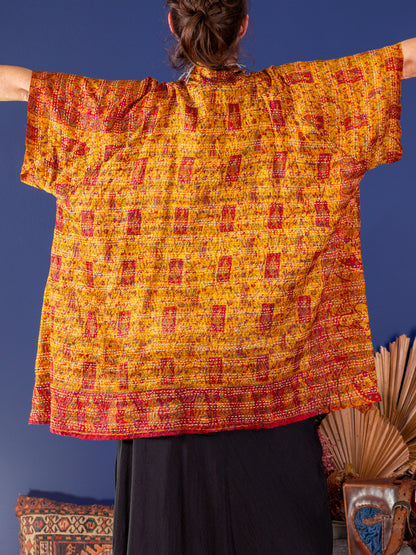 Kimono - silk reversible featuring hand stitching and pockets - Flidais