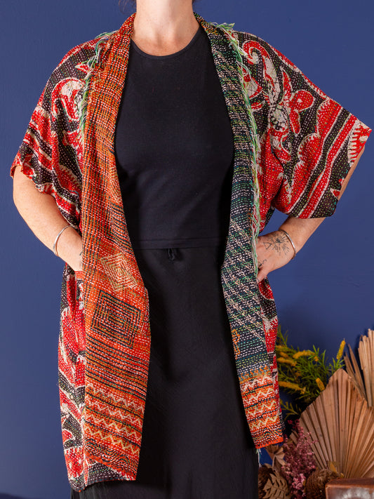 Kimono - silk reversible featuring hand stitching and pockets - oversized - Ocean and earth
