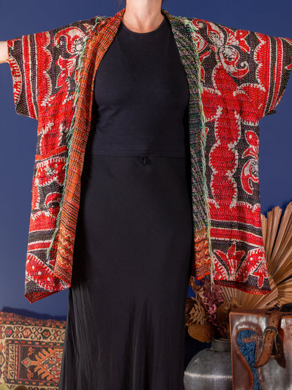 Kimono - silk reversible featuring hand stitching and pockets - oversized - Ocean and earth
