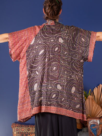Kimono - silk reversible featuring hand stitching and pockets - oversized 'Dark Waters'