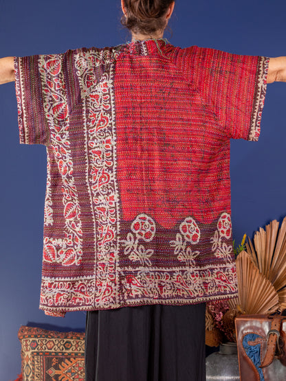 Kimono - silk reversible featuring hand stitching and pockets - oversized 'Dark Waters'