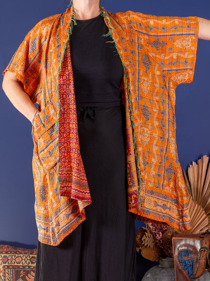 Kimono - silk reversible featuring hand stitching and pockets - tribal sun