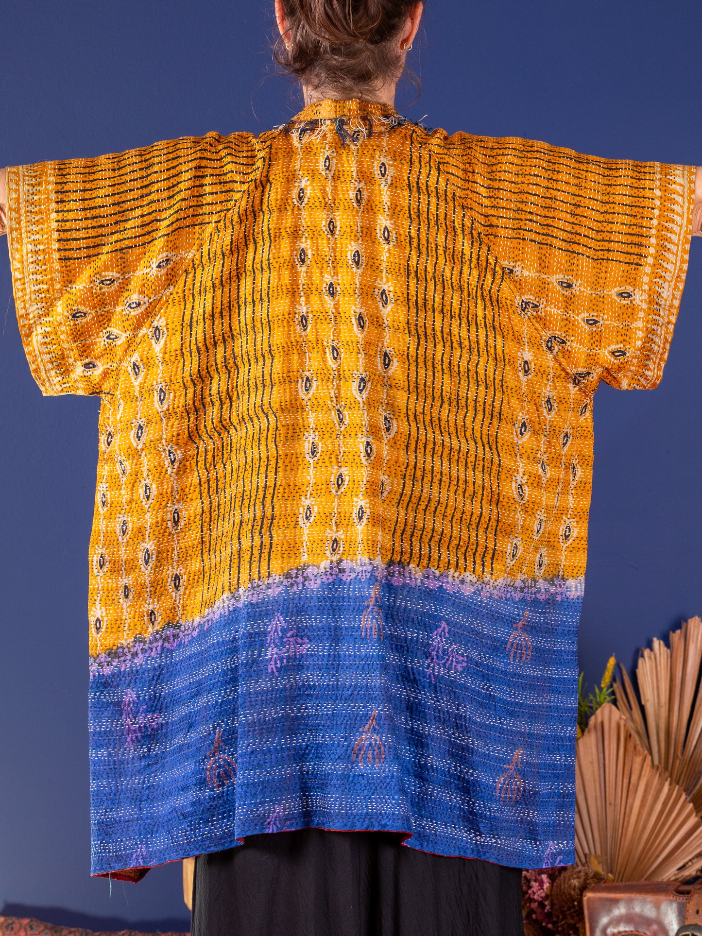 Kimono - silk reversible featuring hand stitching and pockets - Ginko Arising