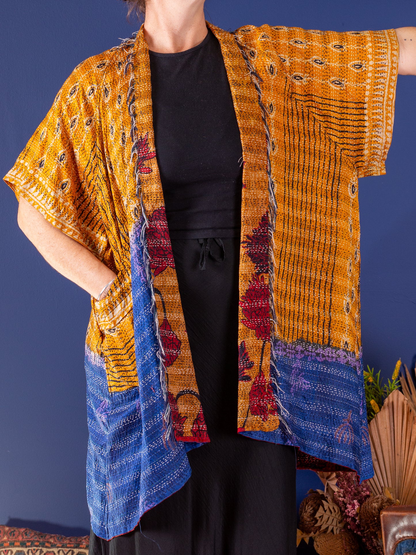 Kimono - silk reversible featuring hand stitching and pockets - Ginko Arising
