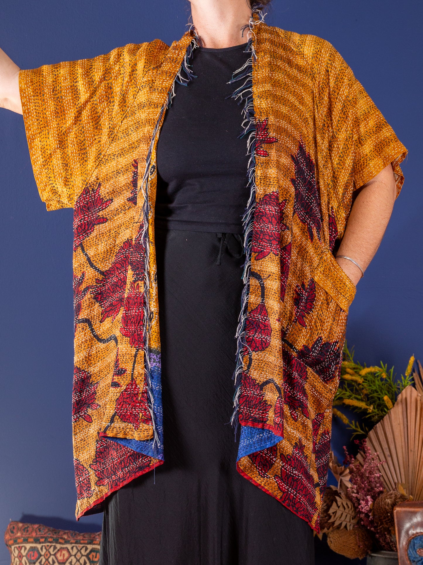 Kimono - silk reversible featuring hand stitching and pockets - Ginko Arising