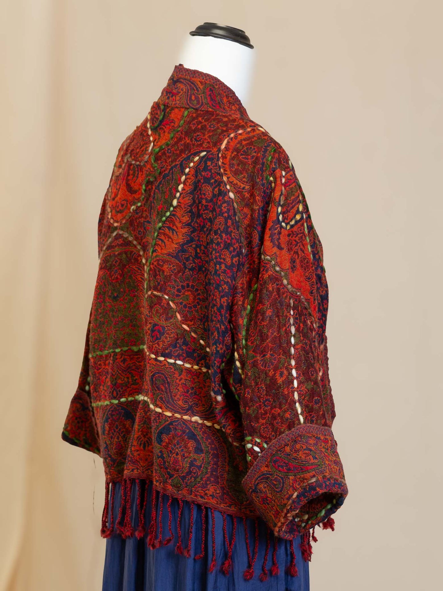 Kashmiri soft fringed wool jacket. Red Tones. Size 12