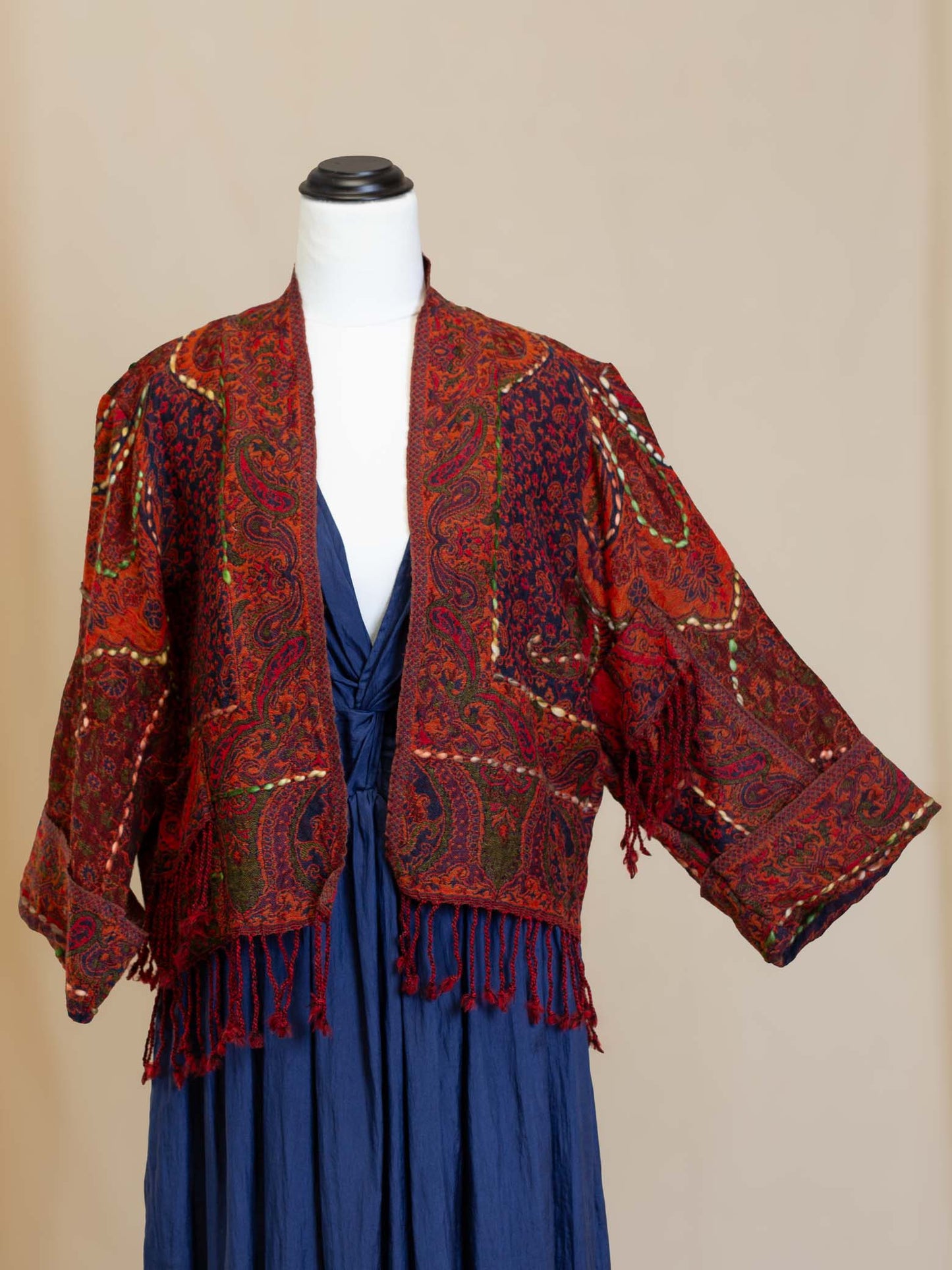 Kashmiri soft fringed wool jacket. Red Tones. Size 12