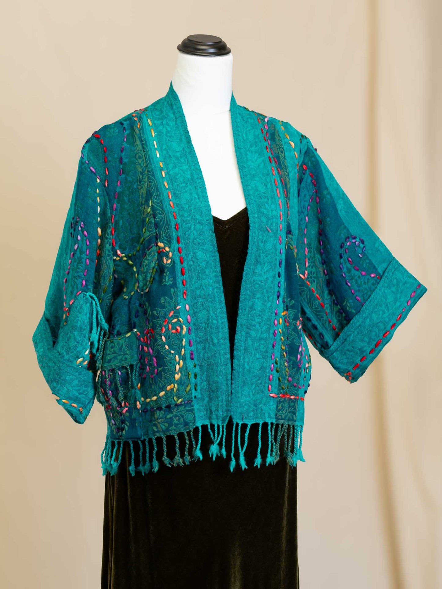 Kashmiri soft fringed wool jacket. Multi hued Embroidery size 14