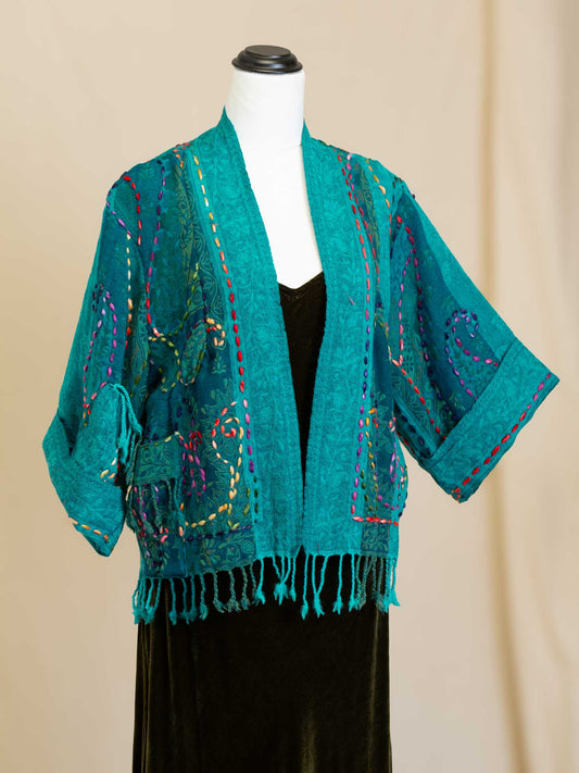 Kashmiri soft fringed wool jacket. Multi hued Embroidery size 14