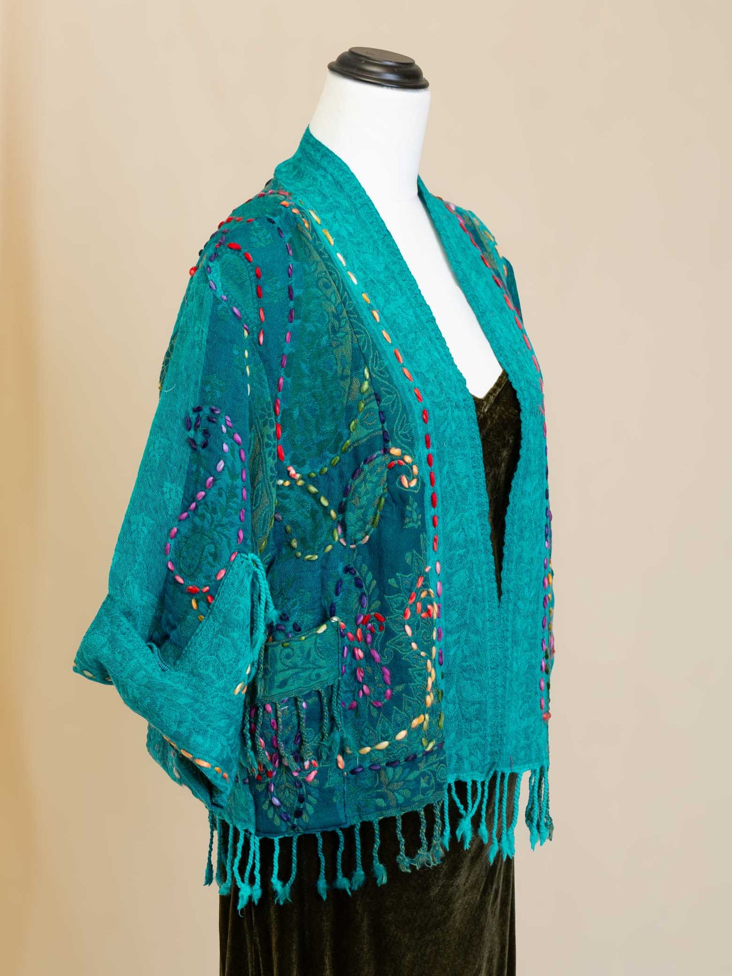 Kashmiri soft fringed wool jacket. Multi hued Embroidery size 14