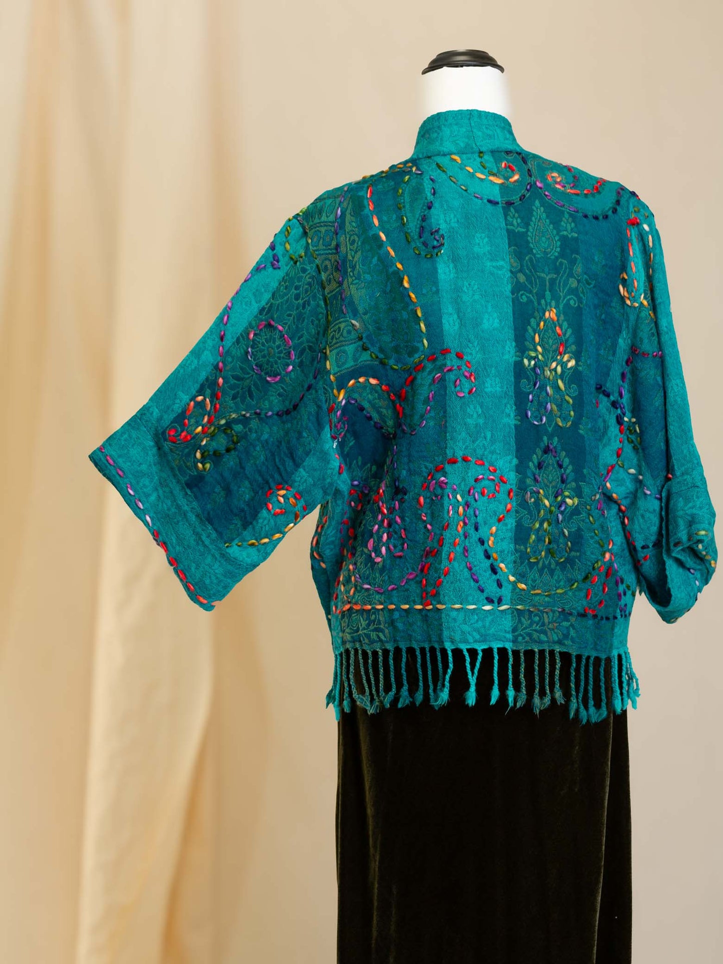 Kashmiri soft fringed wool jacket. Multi hued Embroidery size 14