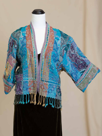 Kashmiri soft fringed wool jacket. Teal and Violet size 12