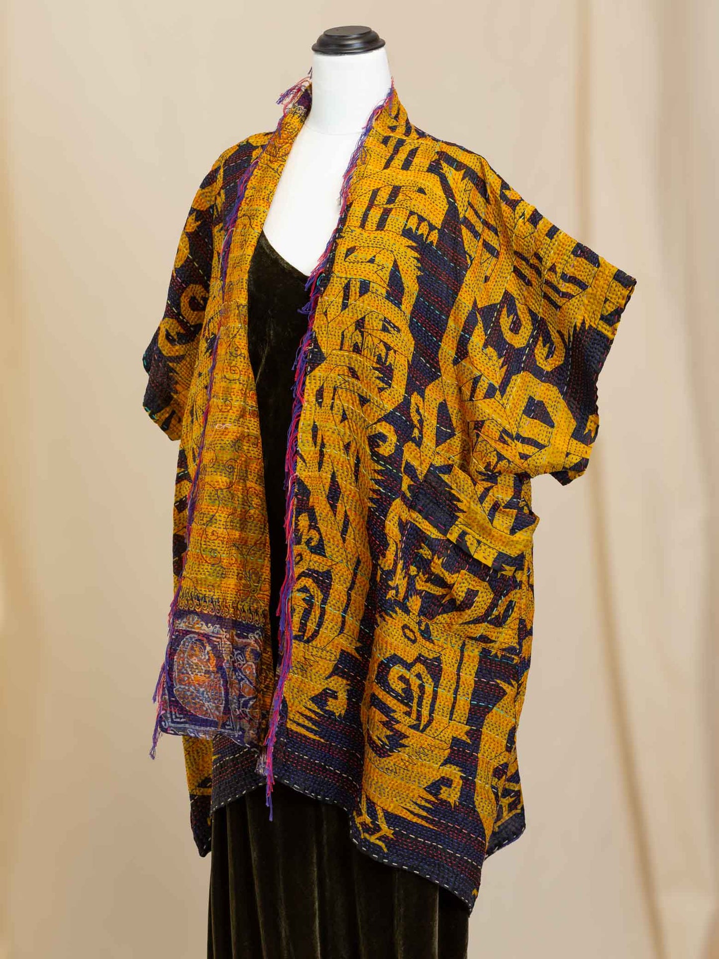 Kimono - silk reversible featuring hand stitching and pockets - tribal peacock