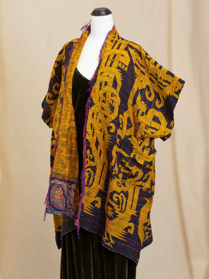 Kimono - silk reversible featuring hand stitching and pockets - tribal peacock