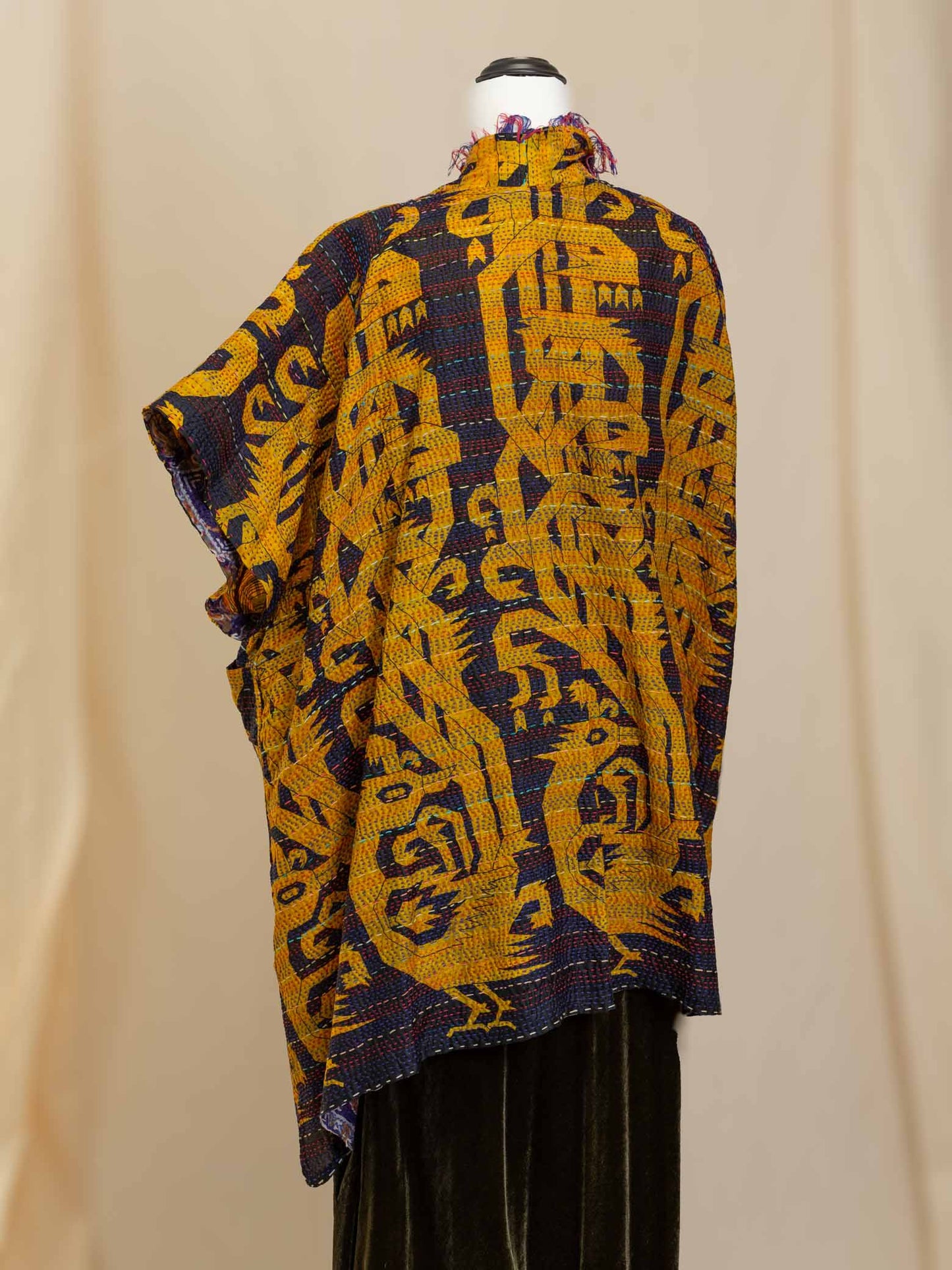 Kimono - silk reversible featuring hand stitching and pockets - tribal peacock