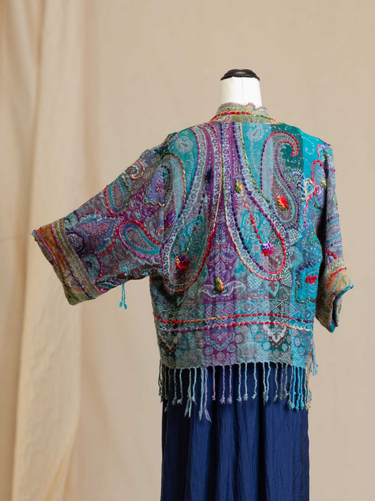 Kashmiri soft fringed wool jacket. Paisley Gardens. Size 14