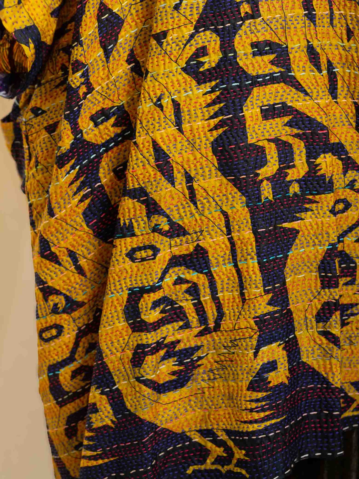 Kimono - silk reversible featuring hand stitching and pockets - tribal peacock