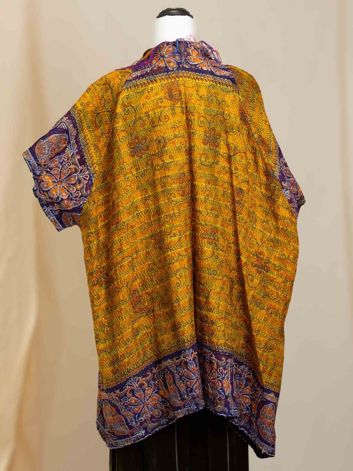 Kimono - silk reversible featuring hand stitching and pockets - tribal peacock