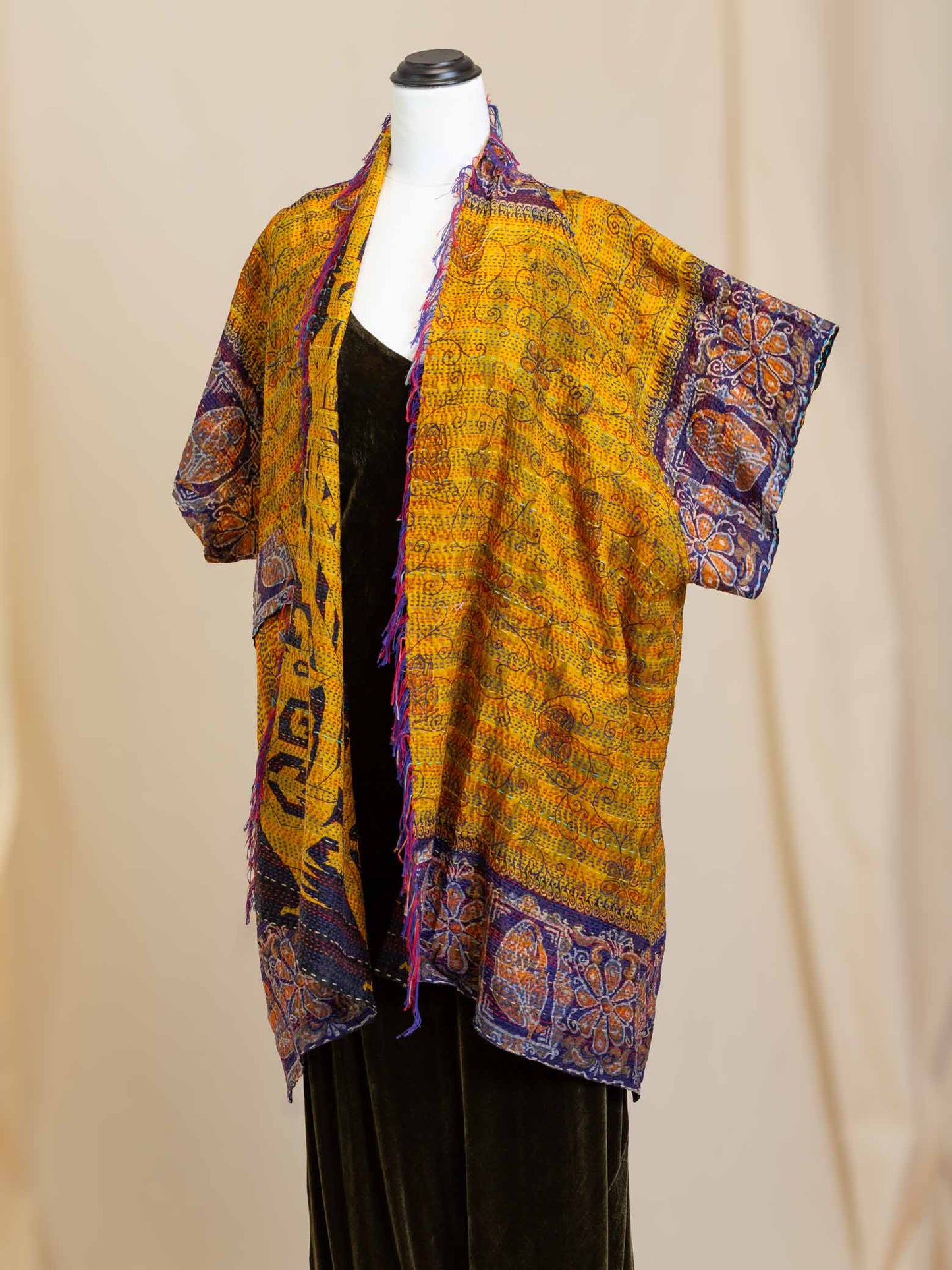 Kimono - silk reversible featuring hand stitching and pockets - tribal peacock