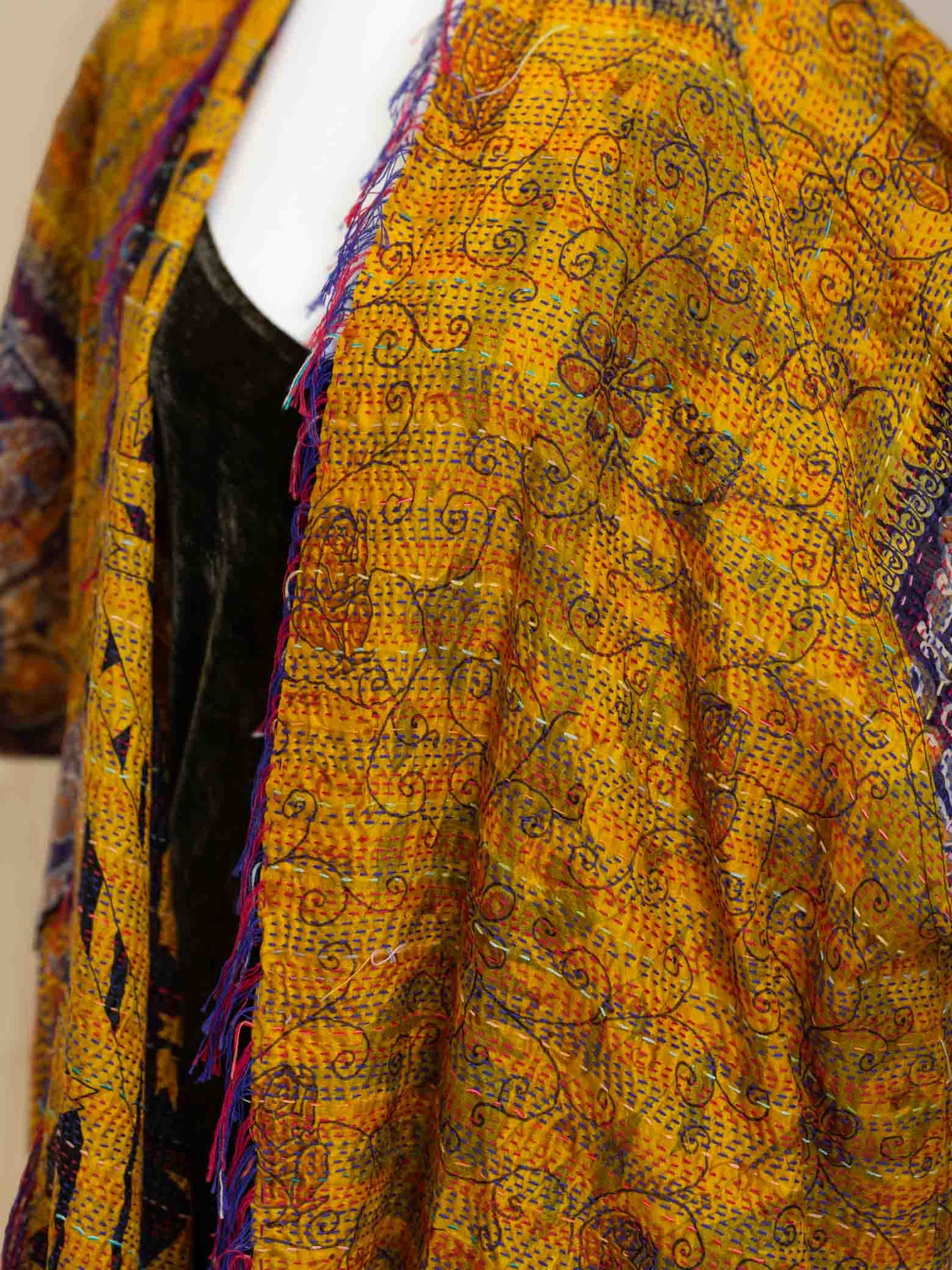 Kimono - silk reversible featuring hand stitching and pockets - tribal peacock