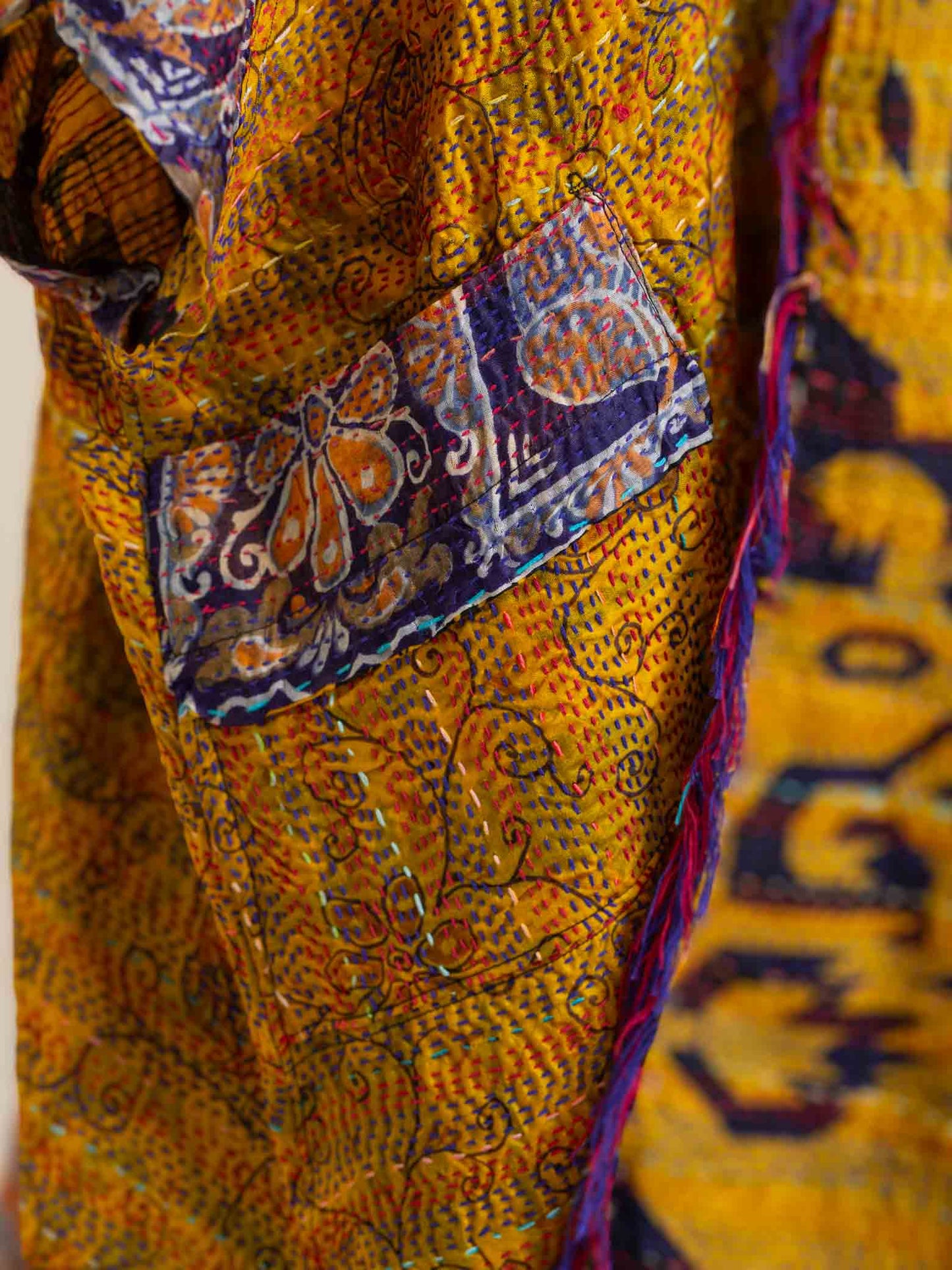 Kimono - silk reversible featuring hand stitching and pockets - tribal peacock
