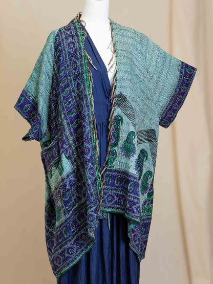 Kimono - silk reversible featuring hand stitching and pockets - Ocean Divination