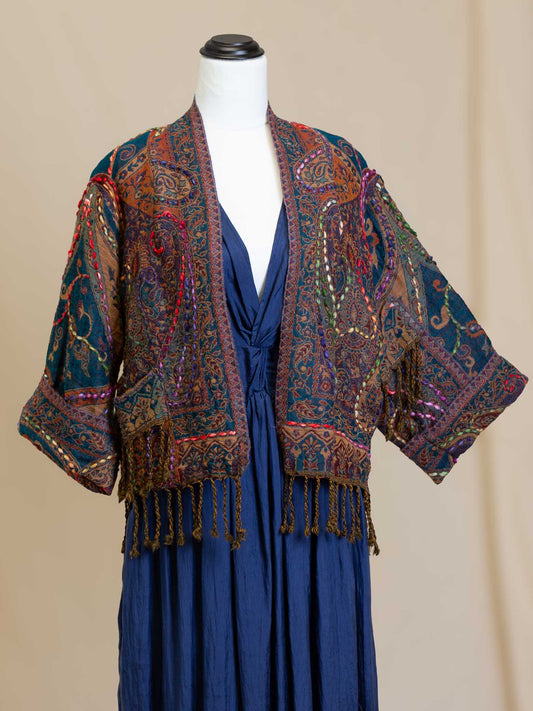 Kashmiri soft fringed wool jacket. Autumn Forest Size 12