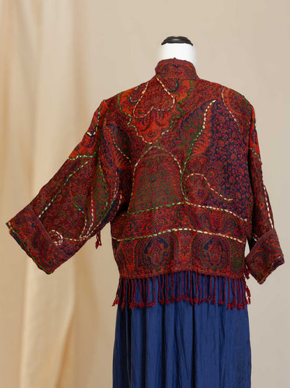 Kashmiri soft fringed wool jacket. Red Tones. Size 12