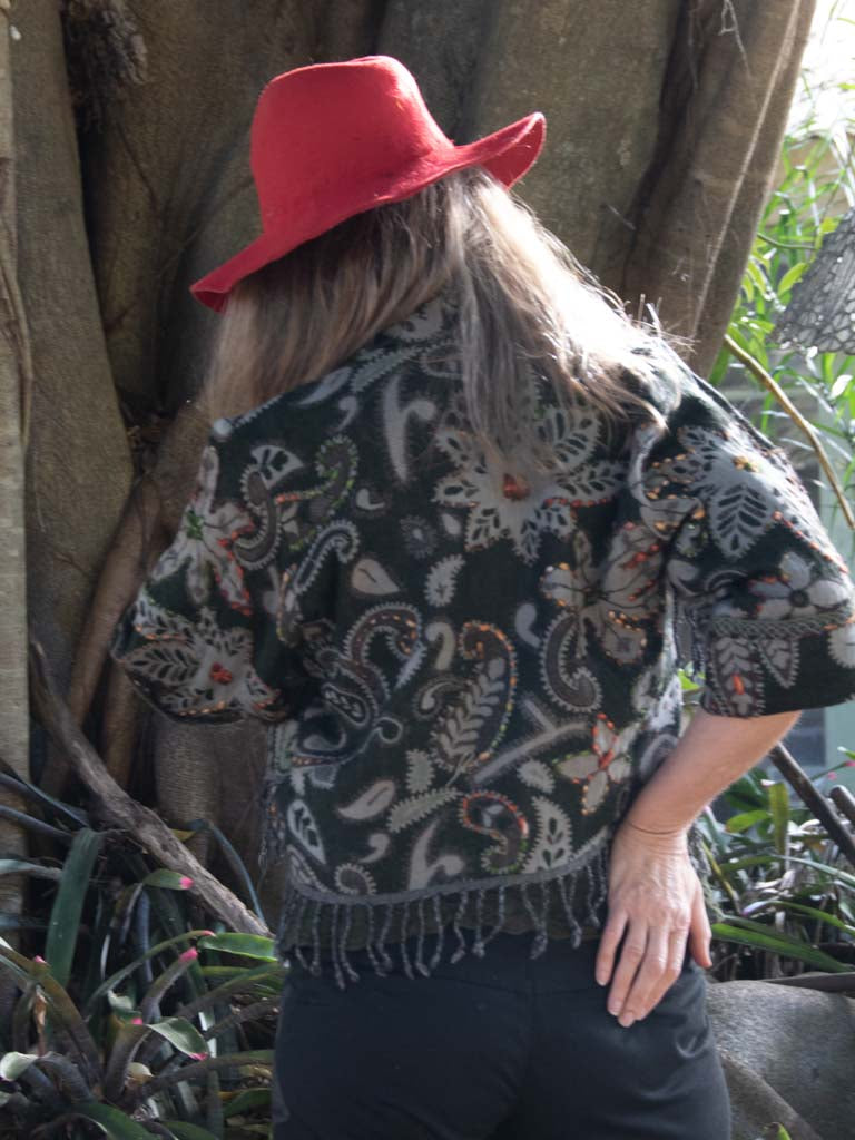 Kashmiri soft fringed wool jacket. Deep Teal 