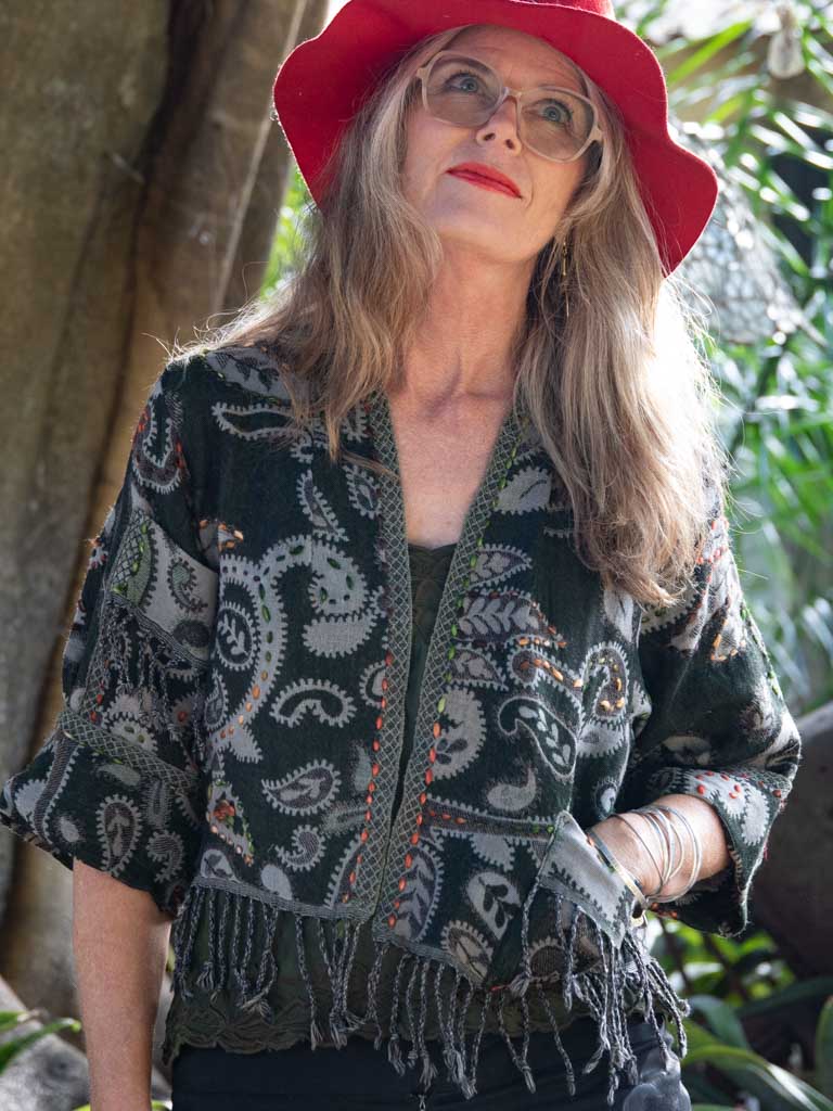 Kashmiri soft fringed wool jacket. Forest Swirls Size 12