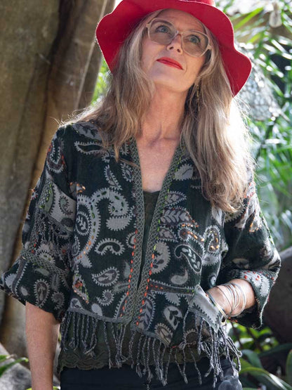 Kashmiri soft fringed wool jacket. Forest Swirls Size 12