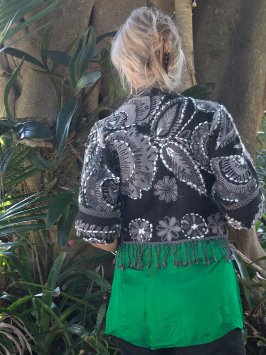 Kashmiri soft fringed wool jacket. Ebony & Ivory. Size 10