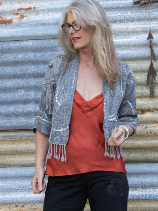 Kashmiri soft fringed wool jacket. Silver sails. Size 10