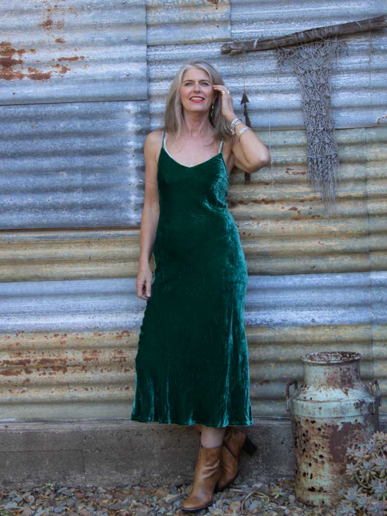 Lush green velvet slip dress on mature lady bohemian