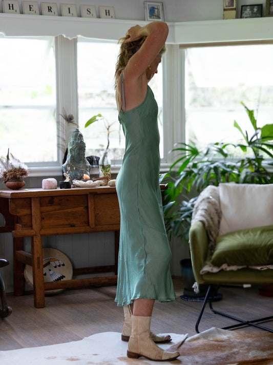 Marilyn Silk Satin Slip Long Aqua