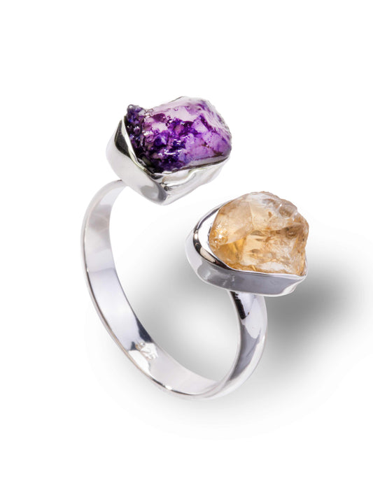 Silver Ring Double Citrine and Amethyst