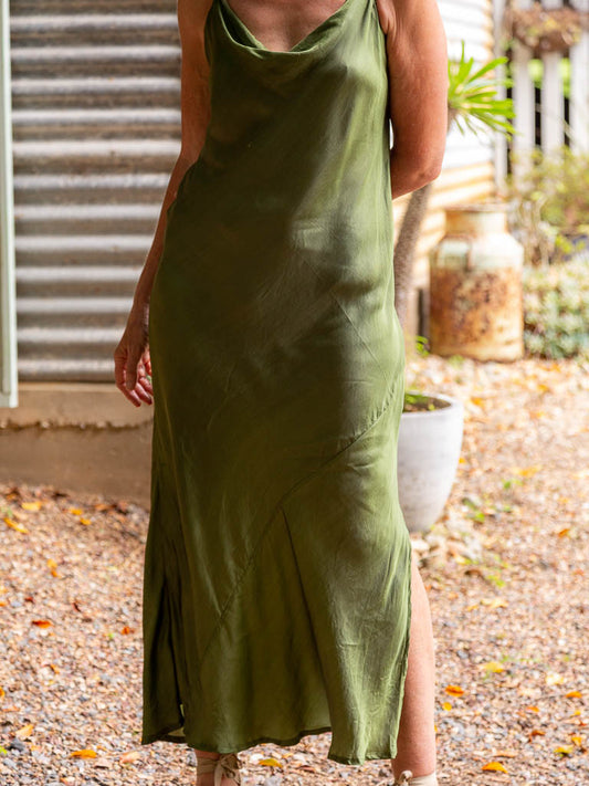 Olive green slip dress with cowl neck and side split