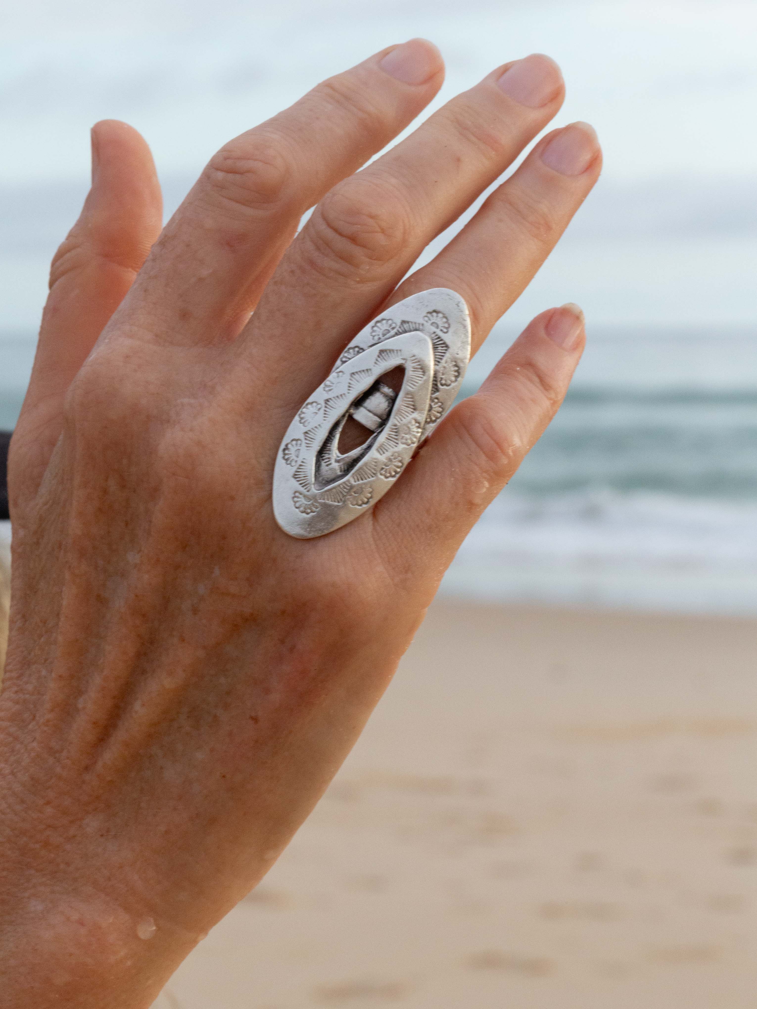 Tabu Shell Ring Ornate Portal Ring – Silver-Plated Stamped Oval Adjustable Ring | Taboo ...