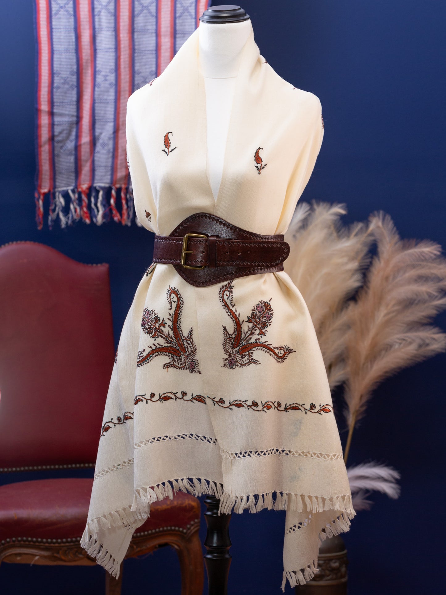 Large Hand Embroidered Vintage Wool Shawl
