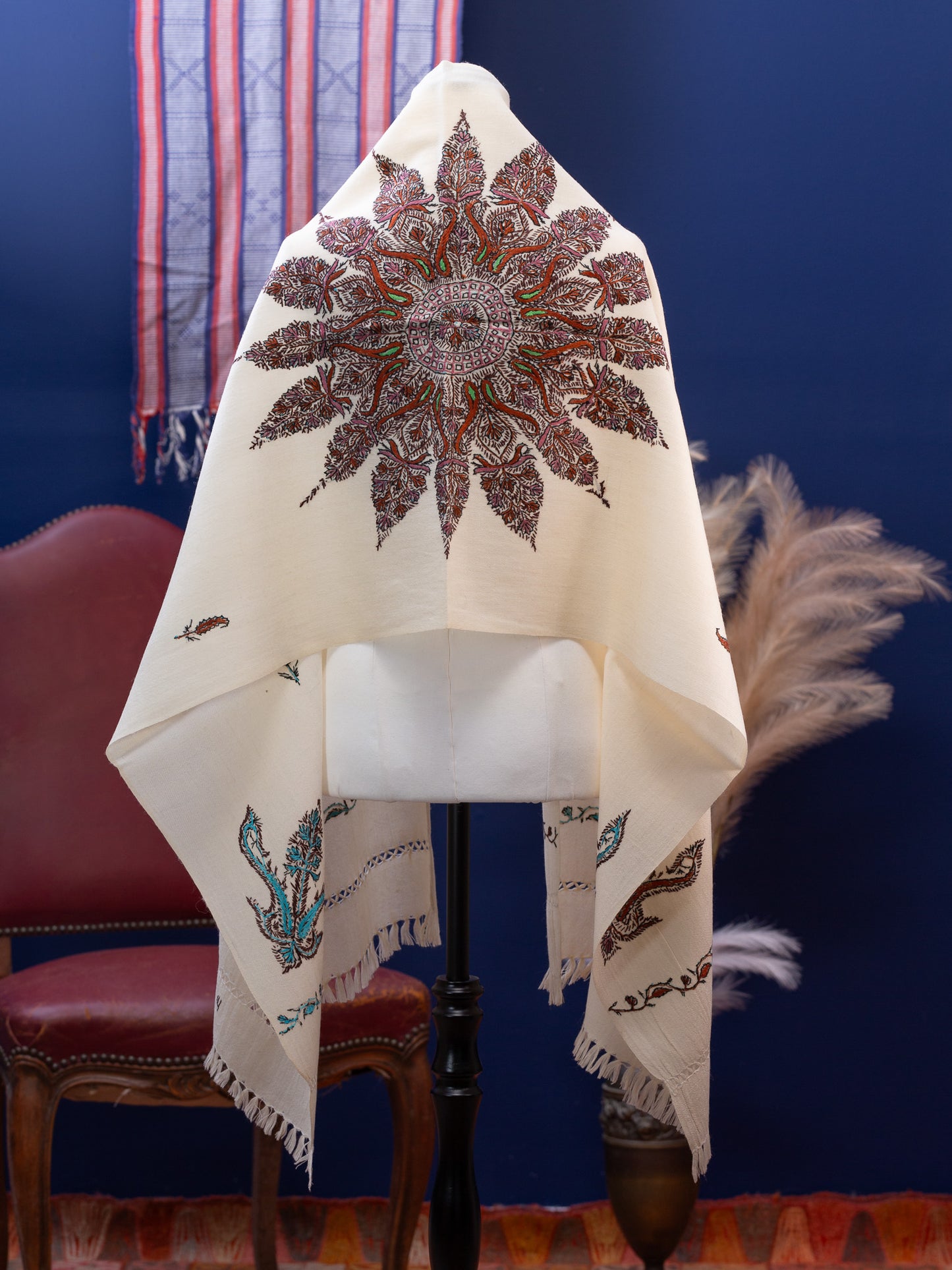 Large Hand Embroidered Vintage Wool Shawl