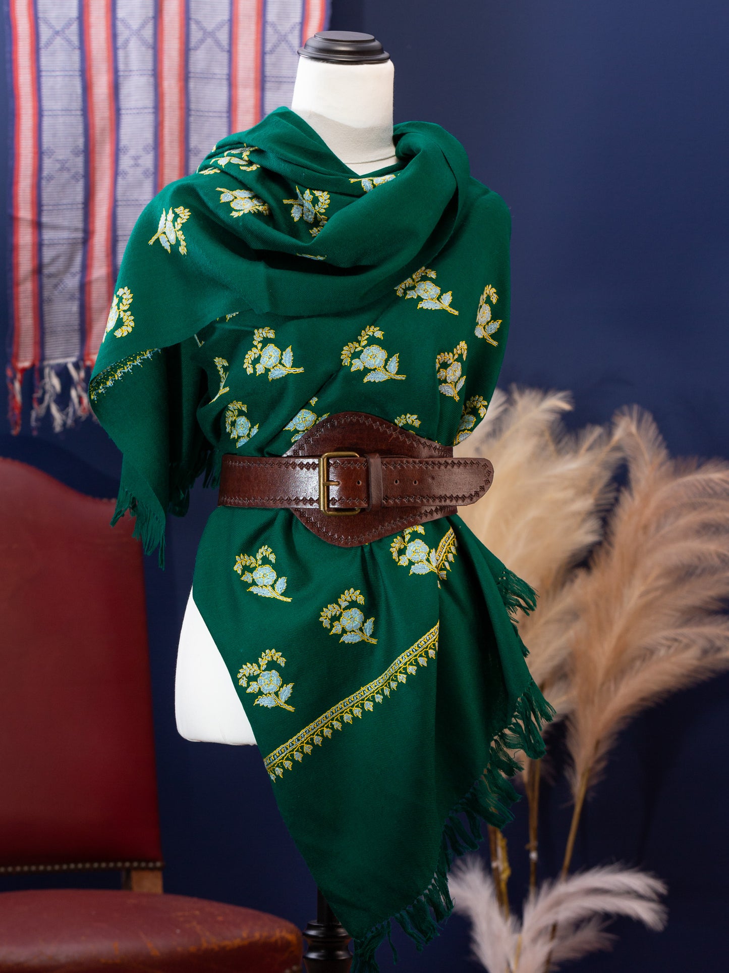 Large Hand Embroidered Vintage Wool Shawl