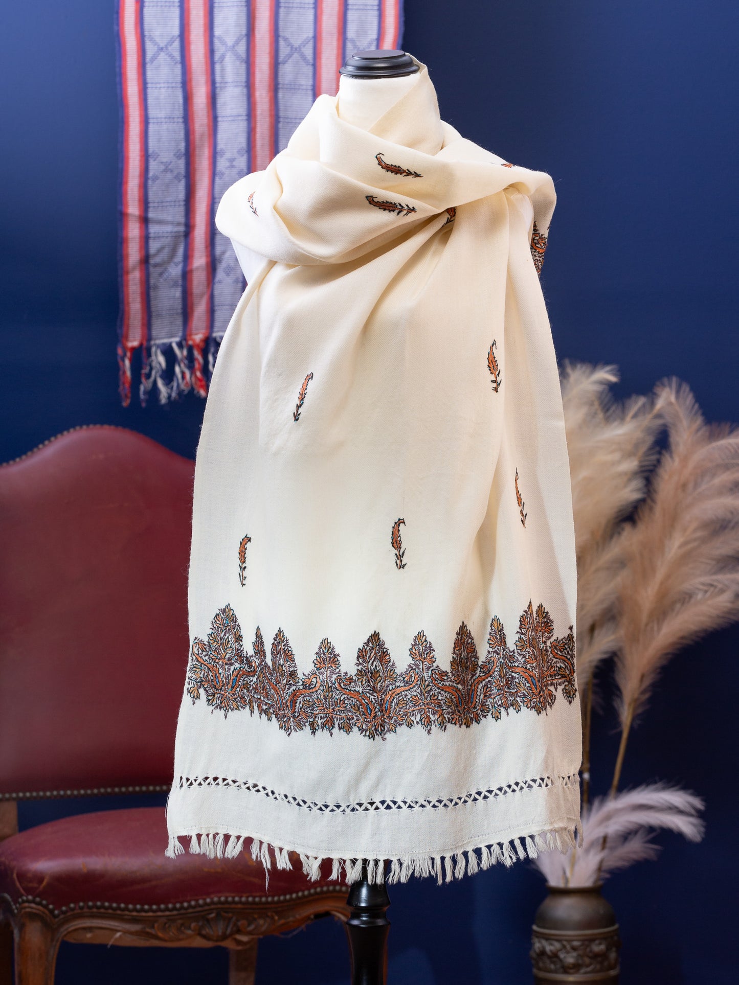 Large Hand Embroidered Vintage Wool Shawl