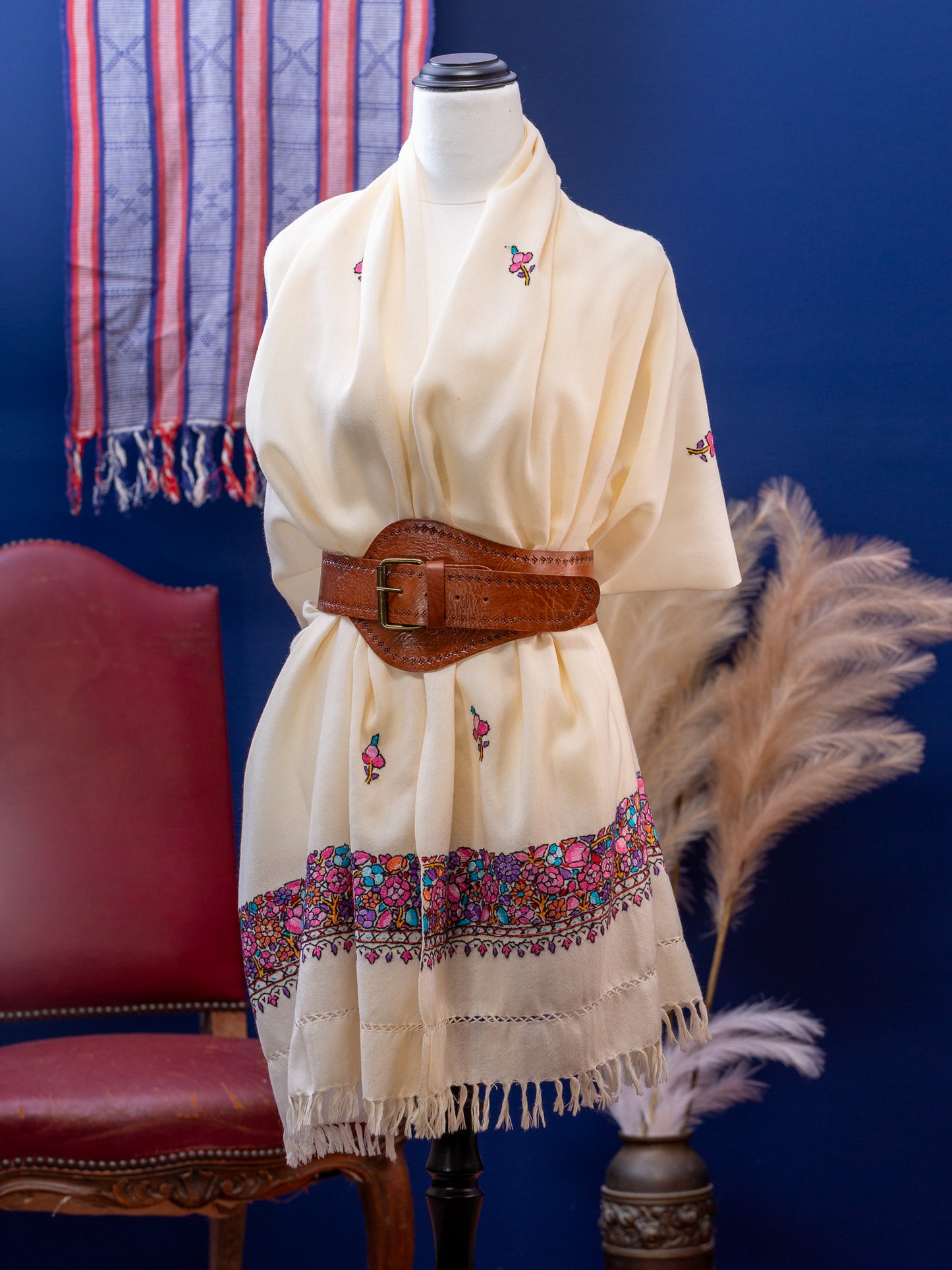 Large Hand Embroidered Vintage Wool Shawl