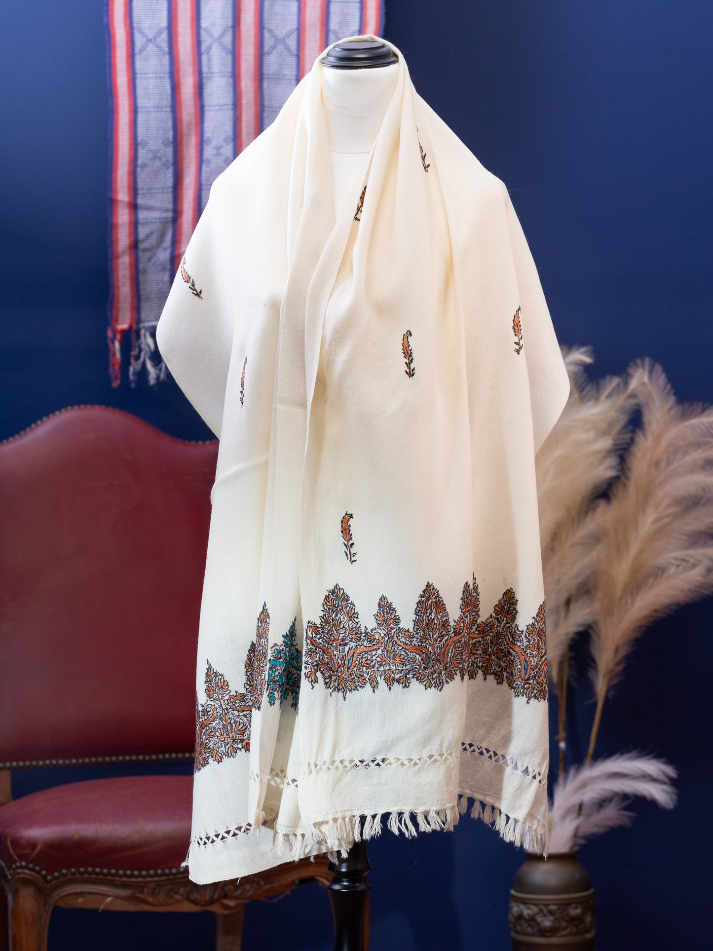 Large Hand Embroidered Vintage Wool Shawl