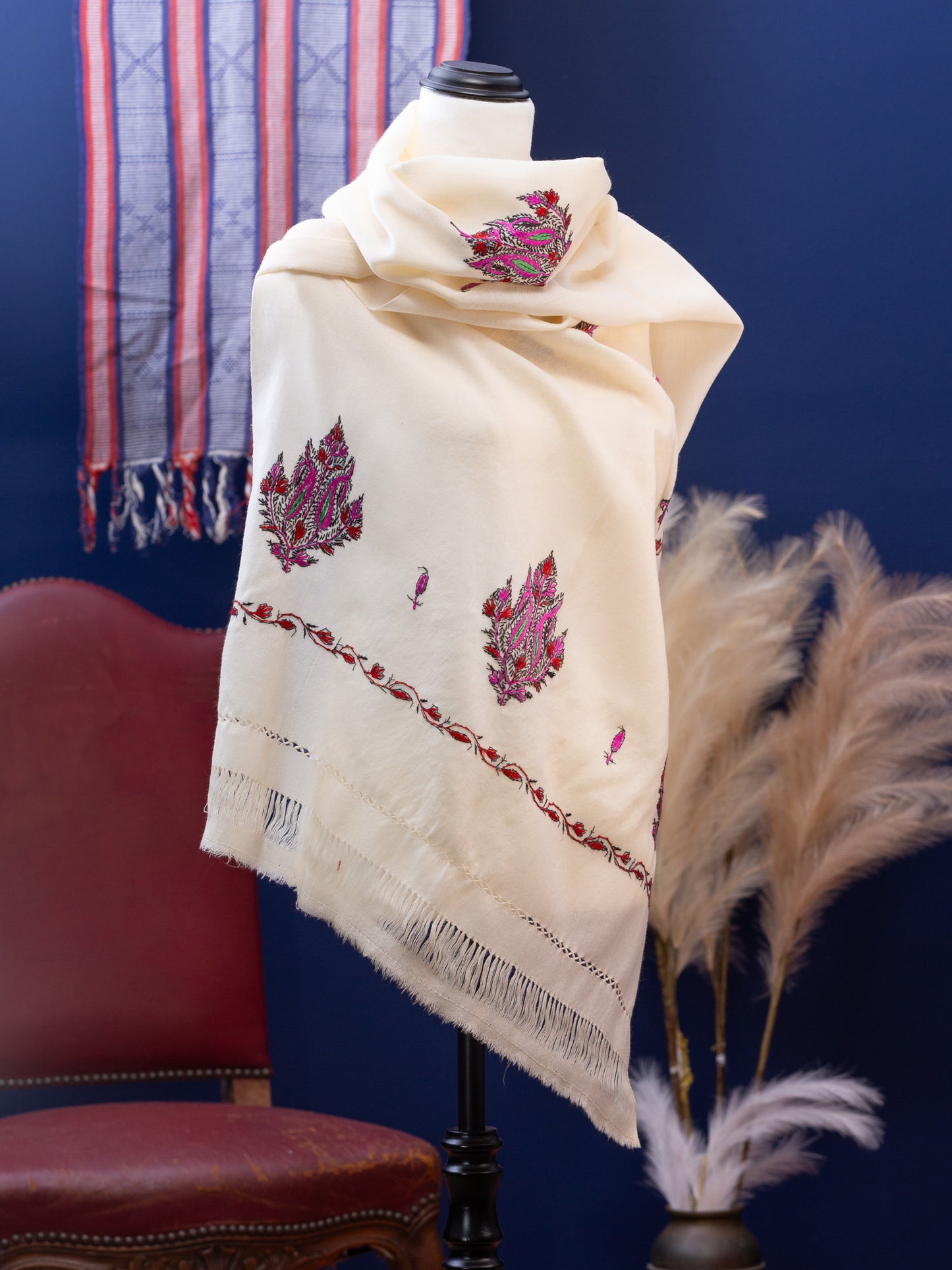 Large Hand Embroidered Vintage Wool Shawl